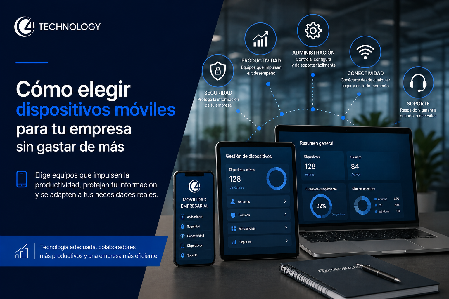Cómo elegir dispositivos móviles para una empresa considerando seguridad, productividad, conectividad y administración