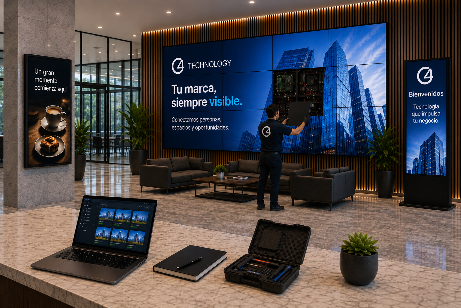 Técnico realizando mantenimiento a videowall de señalización digital