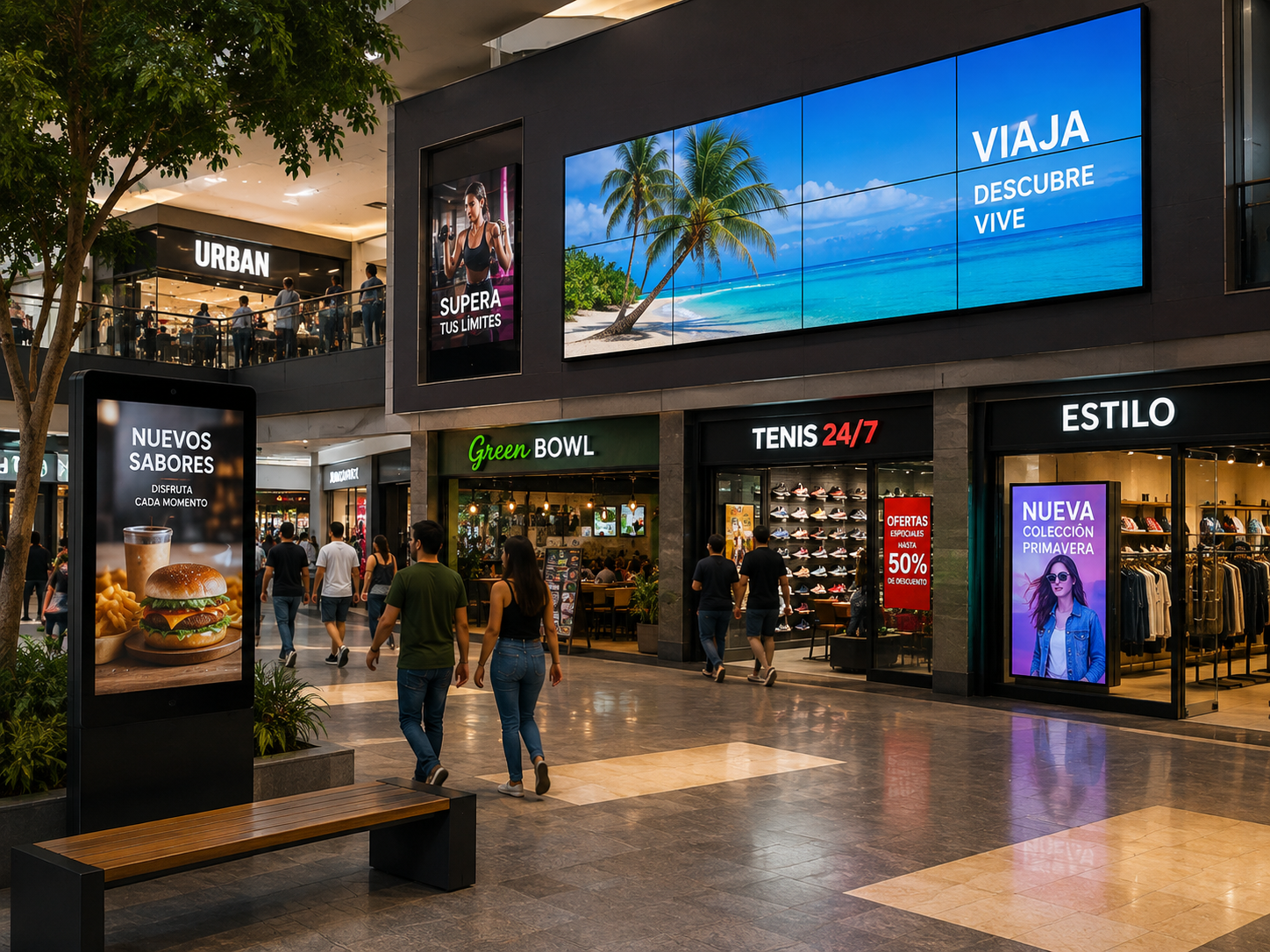 Señalización digital con videowall y pantallas en plaza comercial