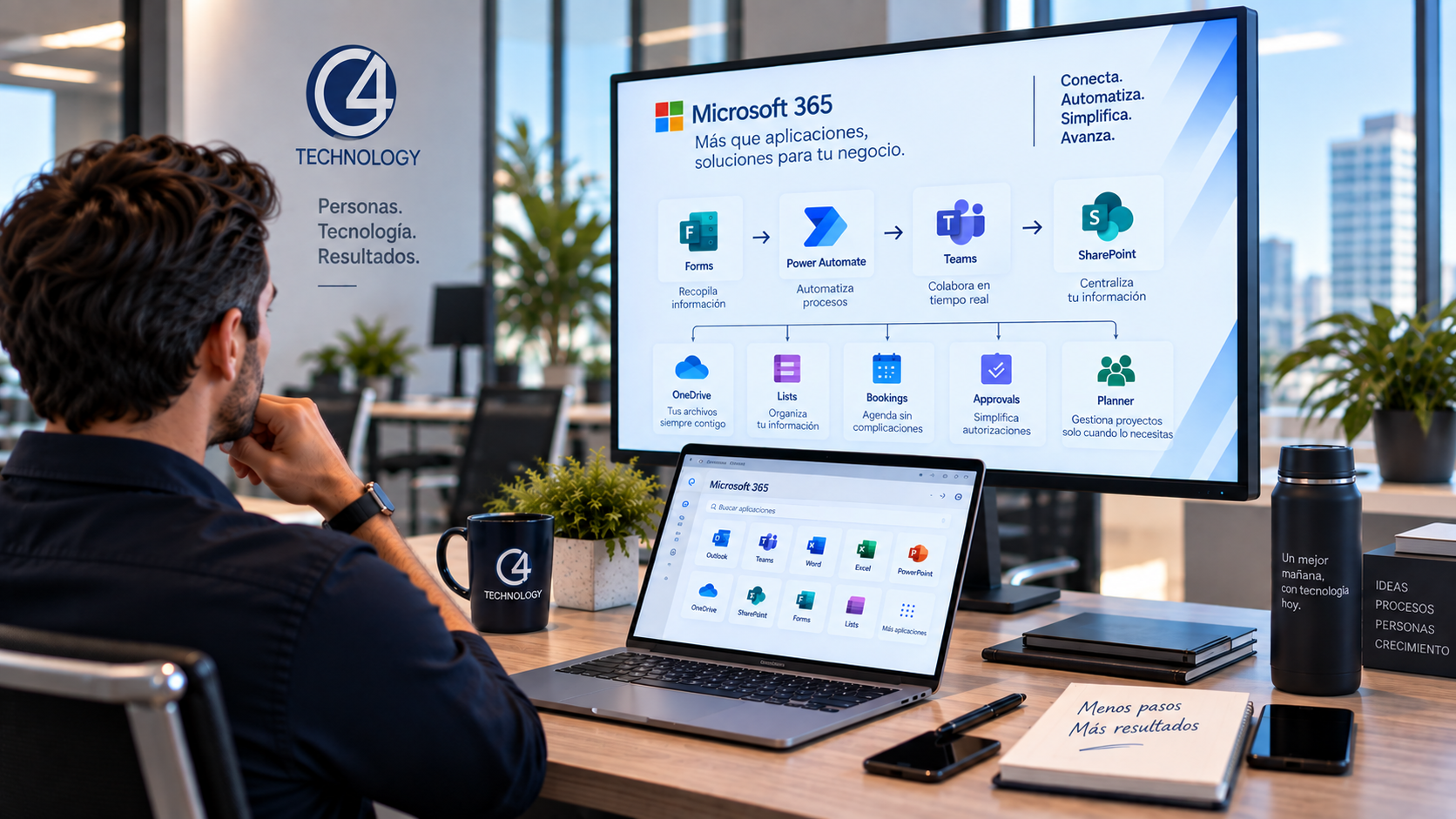 Profesional utilizando herramientas de Microsoft 365 para simplificar procesos empresariales