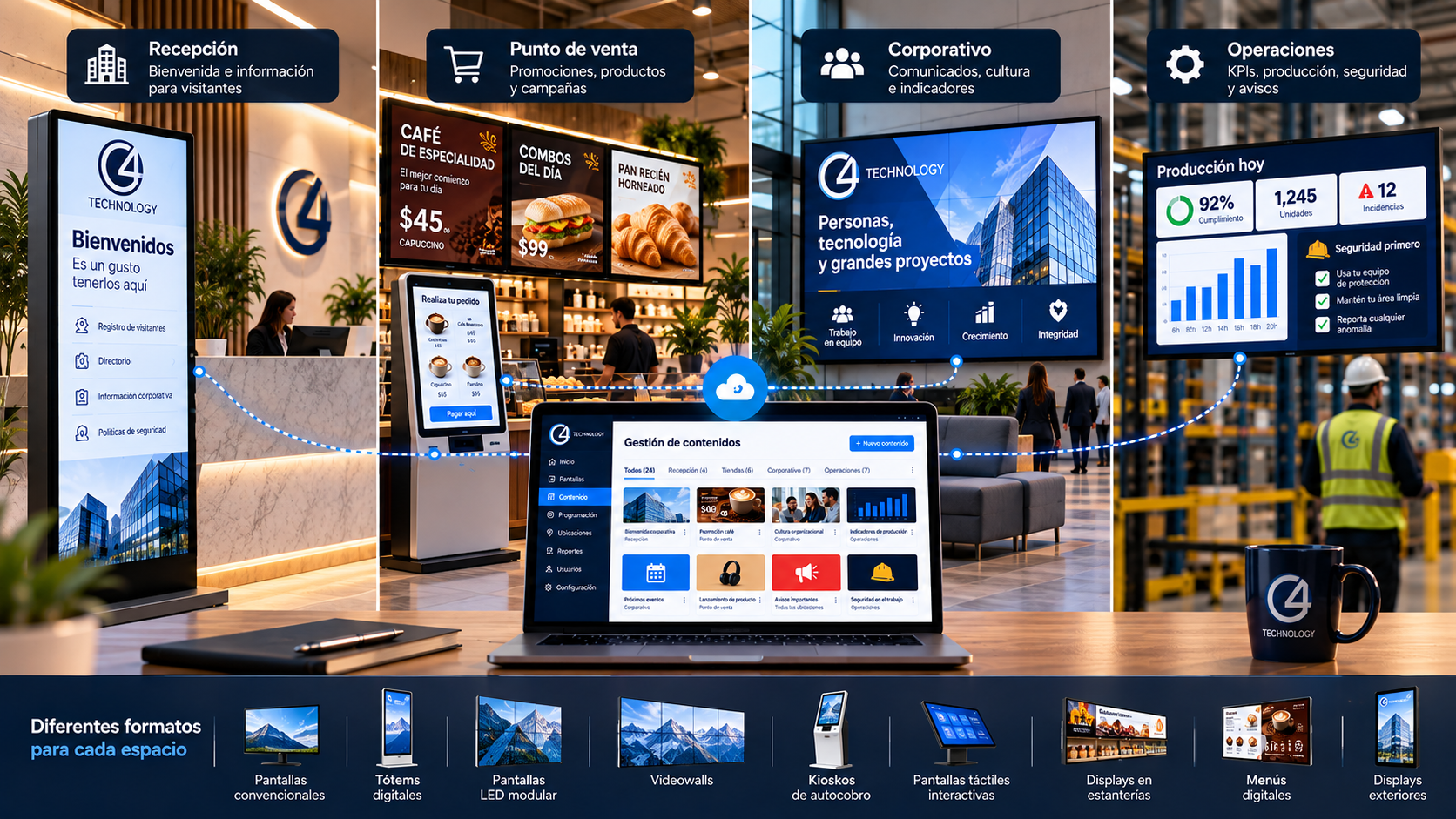 Soluciones de señalización digital con tótems, pantallas LED, videowalls, kioscos de autocobro y displays para empresas