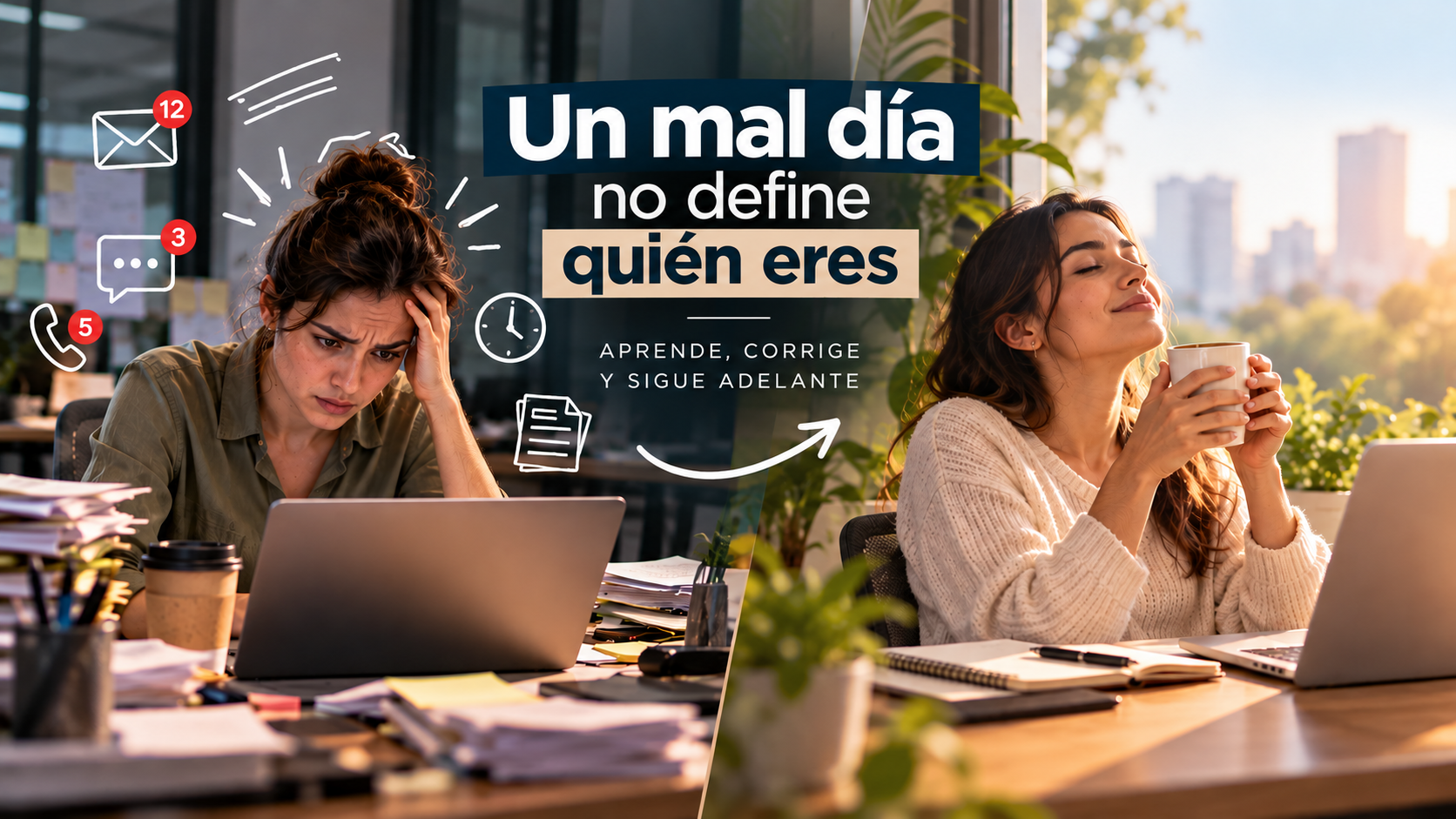 Comparación de una profesional estresada por sus actividades laborales y posteriormente tranquila, con el mensaje «Un mal día no define quién eres».